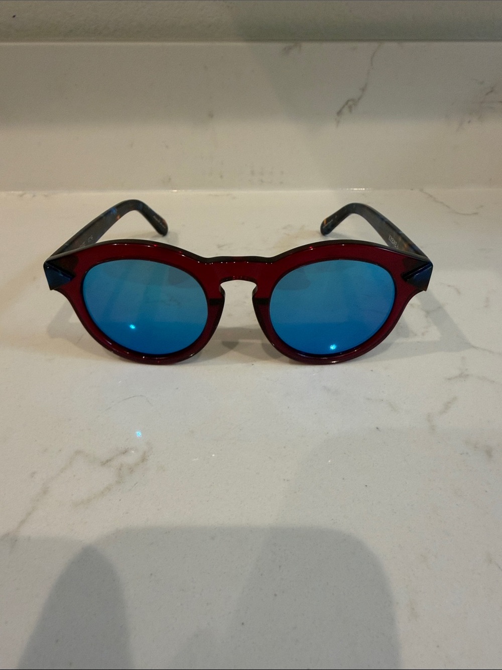 Krewe Toulouse Round Red Frame Sunglasses with Blue Mirrored Lenses